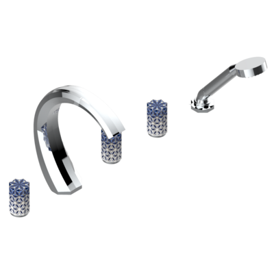 Mitigeur bain-douche 5 trous THG Nihal en porcelaine bleue avec finition chromée et poignées en céramique bleue.
