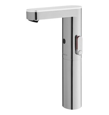 Mitigeur de lavabo électronique réhaussé Presto So'o chromé avec capot blanc, pile et robinet d'arrêt