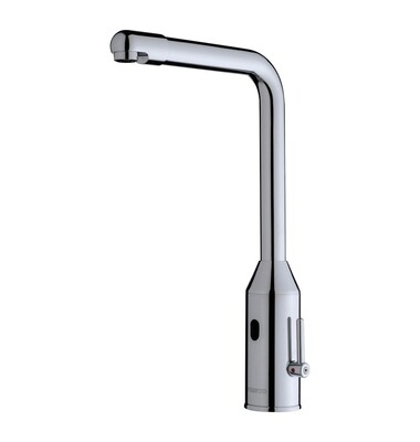 Mitigeur de lavabo électronique rehaussé Presto chromé sur secteur et avec bec fixe sur plage