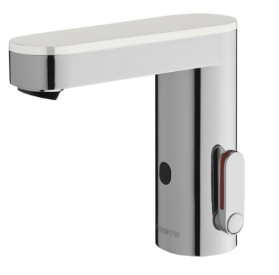 Mitigeur de lavabo électronique Presto So'o chromé avec capot blanc, pile et robinet d'arrêt