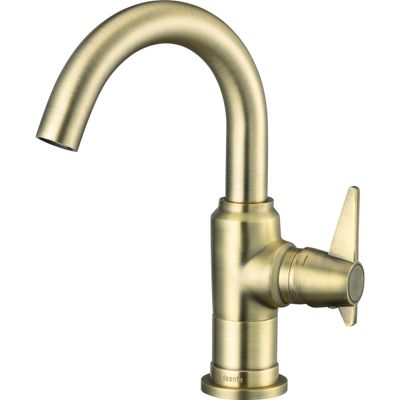 Robinet mitigeur de lavabo Deante Temisto 150 en laiton brossé avec bec orientable et poignée unique.