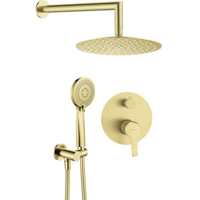 Ensemble de douche Deante Arnika 250 or avec pommeau de douche effet pluie, douchette à main et commandes murales.