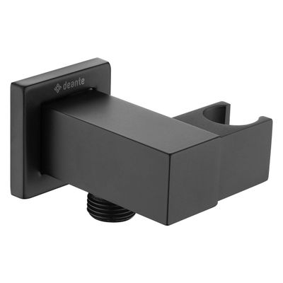Coude de raccordement carré Deante Cascada avec support de pommeau de douche noir mat.