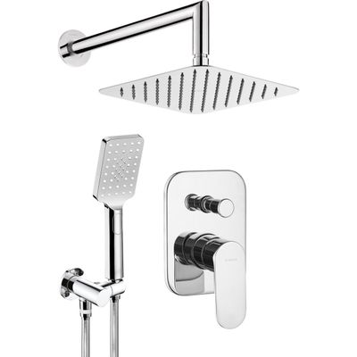 Ensemble de douche encastré chromé Deante Alpinia 250 avec pommeau de douche carré et douchette à main.