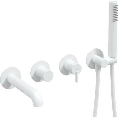 Robinet mitigeur de douche encastré Deante Silia blanc mat avec douchette et quatre trous.