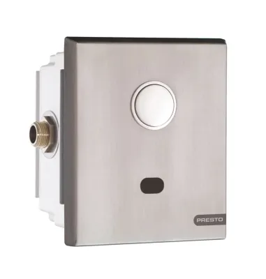 Plaque de commande Presto 7200 XL en métal brossé avec bouton capteur et logo pour toilettes murales.