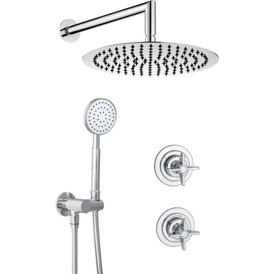 Ensemble de douche chromé Deante Temisto 250 avec pommeau de douche effet pluie, douchette et commandes murales.