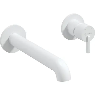 Robinet mitigeur mural blanc Deante Silia pour lavabo, avec bec de 208 mm et poignée à finition mate.