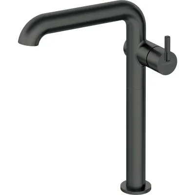 Robinet mitigeur de lavabo surélevé Deante Silia 265 en noir mat avec cartouche en céramique et bec fixe.