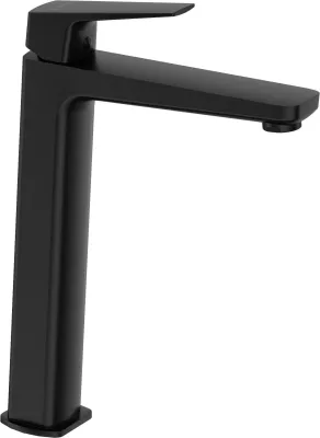 Robinet mitigeur de lavabo surélevé Deante Blur 226 noir mat sans bonde, design élégant et long bec.