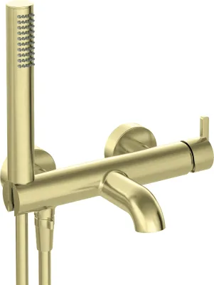 Robinet de salle de bain en or brossé avec douchette et bec mural de la marque Deante, modèle Silia.
