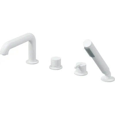 Mitigeur Deante Silia 4 trous blanc mat bec fixe pour baignoire avec aérateur silicone.