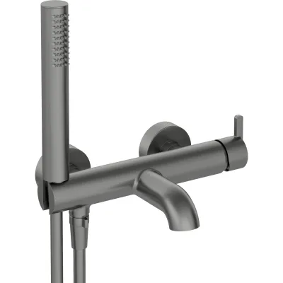Robinet mitigeur de salle de bains en titane Deante Silia avec douchette et installation murale.
