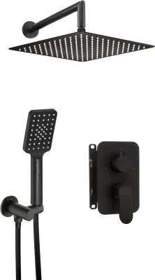 Ensemble de douche Deante Alpinia 250 noir mat avec pommeau de douche carré effet pluie et douchette à main.