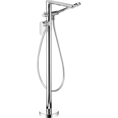 Robinet mitigeur de douche sur pied chromé Deante Alpinia avec douchette et long bec.