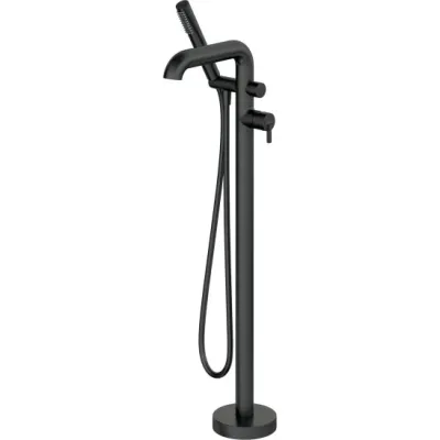 Robinet mitigeur de douche sur pied Deante Silia en noir mat avec douchette et flexible.