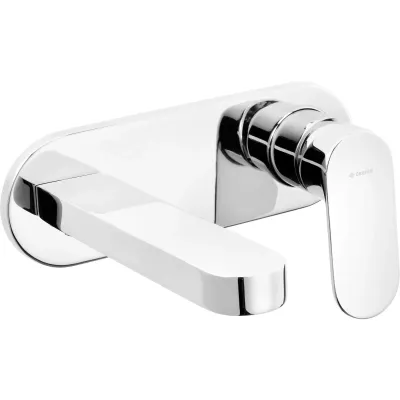 Robinet mitigeur mural chromé Deante Alpinia pour lavabo, avec bec de 153 mm et poignée unique.