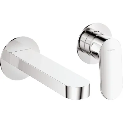 Robinet mitigeur mural chromé Deante Alpinia pour lavabo, avec bec de 154 mm de long et poignée élégante.