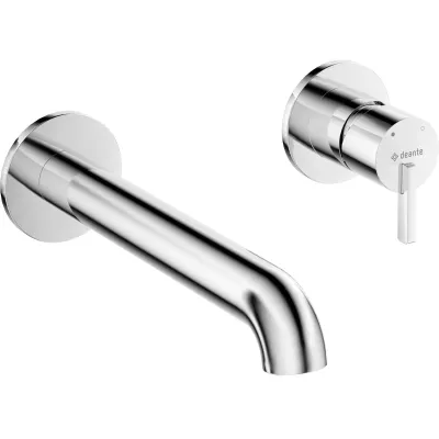 Robinet mitigeur mural chromé Deante Silia pour lavabo, avec bec fixe de 208 mm et poignée unique.