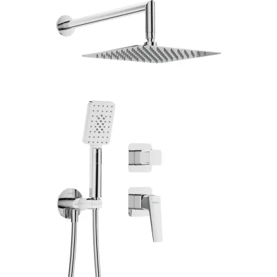Ensemble de douche chromé Deante Blur 250 avec pommeau carré, douchette et commandes murales.
