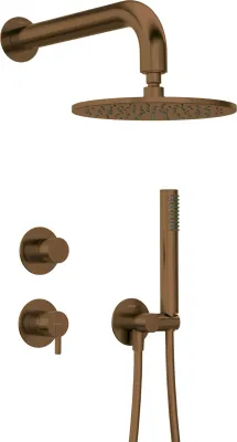 Système de douche Deante Silia 250 en bronze brossé avec pommeau de douche effet pluie et douchette à main.