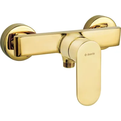 Robinet mitigeur de douche mural Deante Alpinia en or poli avec cartouche céramique et poignée unique.