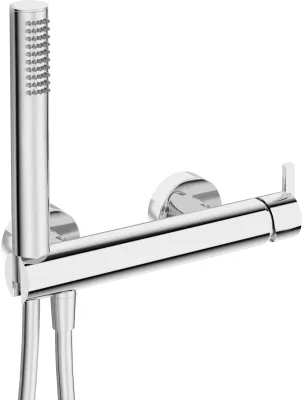 Mitigeur de douche chromé Deante Silia avec douchette à main et support intégré sur barre murale.