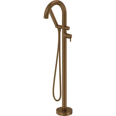 Robinet mitigeur de douche sur pied Deante Silia en bronze brossé avec douchette et flexible.