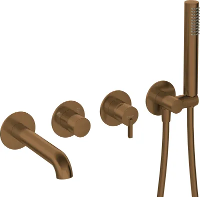Robinet mitigeur de douche encastré Deante Silia en bronze brossé à 4 trous avec douchette et flexible.