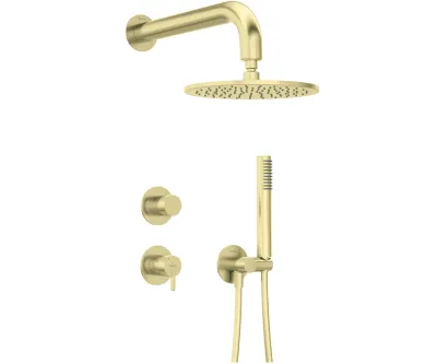 Ensemble de douche Deante Silia 250 or avec pommeau de douche effet pluie et douchette à main finition or brossé.
