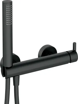 Mitigeur de douche Deante Silia noir mat avec douchette et support intégré.