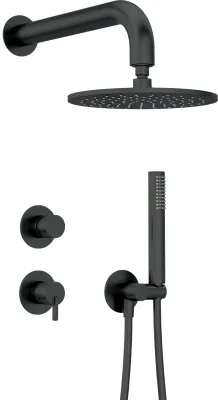 Système de douche Deante Silia 250 noir mat avec pommeau de douche à main et commandes murales.