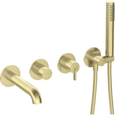 Ensemble de robinetterie de salle de bain en laiton Deante Silia avec douchette, finition or brossé, installation à quatre trous.