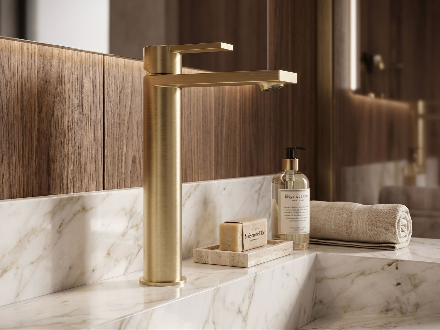 Mitigeur de lavabo en finition dorée sur un plan vasque en marbre