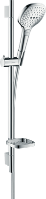 Barre de douche Hansgrohe avec douchette à main Raindance Select E 120 3 jets, flexible Isiflex et porte savon Casetta'S Puro