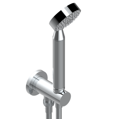 Pommeau de douche chromé THG Diplomate avec flexible de 1,50 m et support mural fixe.
