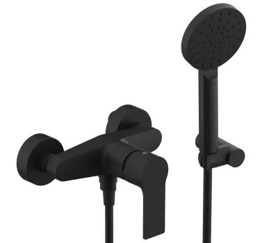 Mitigeur de douche apparent avec levier frontal Remer Energy avec support, flexible et douchette à main 4 jets en laiton noir mat