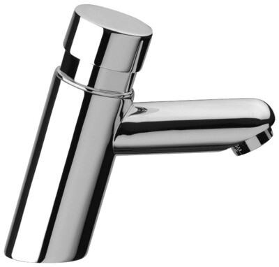 Robinet chromé à bec fixe, longueur 130 mm, de marque Remer, avec fonction minuterie 6-8 secondes.