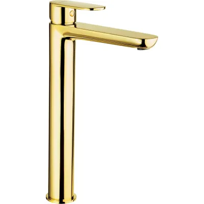 Robinet mitigeur de lavabo surélevé Deante Alpinia 273 en or poli avec cartouche en céramique et long bec.