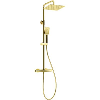 Colonne de douche carrée Deante 250 avec mitigeur thermostatique PVD or et douchette à main.