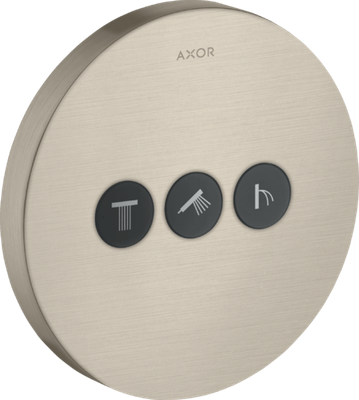 Panneau de commande de douche Axor ShowerSelect finition nickel brossé avec trois boutons de fonction.