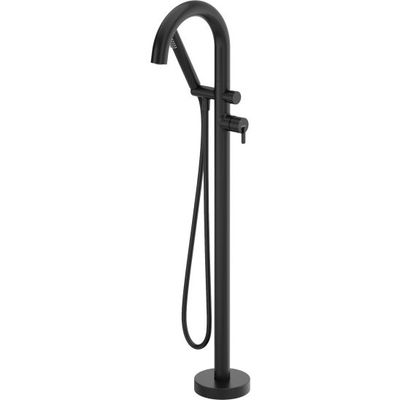 Robinet mitigeur de douche/baignoire sur pied Deante Silia noir mat avec douchette et long bec incurvé.