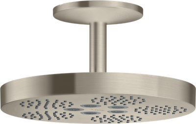 Pommeau de douche AXOR One 280 mm à fixation plafond en nickel brossé, disponible en versions PowderRain et Rain Jet.