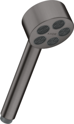 Pommeau de douche à main AXOR One 75 en chrome brossé avec six jets PowderRain et un design métallique élégant.