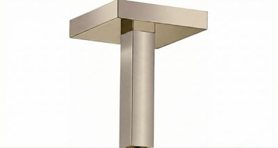 Bras de douche de plafond AXOR ShowerSolutions en nickel brossé, au design moderne et à tête carrée.