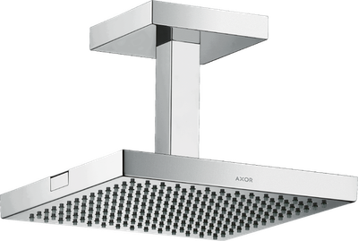 Pommeau de douche carré Axor ShowerSolutions de 240 mm, à fixation au plafond, avec finition métallique et jet RainAir.