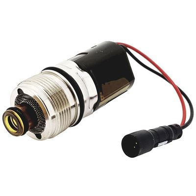 Électrovanne Hansgrohe Axor pour robinets mélangeurs infrarouges, avec composants en métal argenté et noirs.