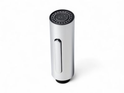 Douchette de robinet de cuisine Hansgrohe Focus M41, argentée, cylindrique, avec détails et bouton noirs.